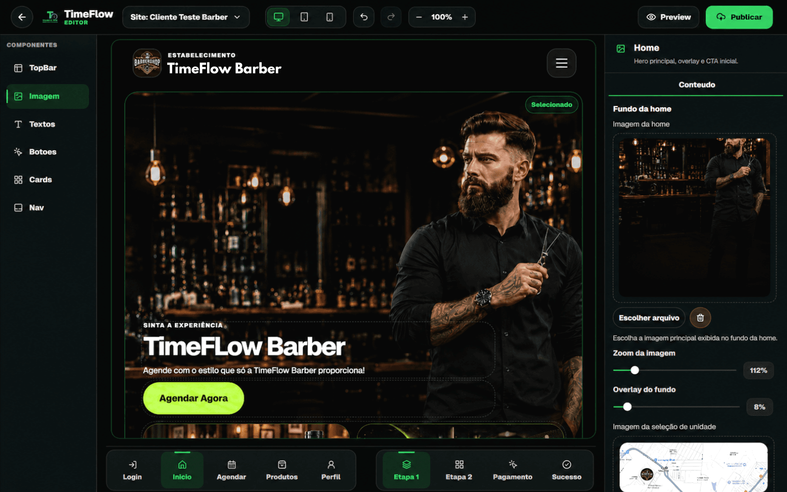 Editor TimeFlow para site de barbearia com preview mobile